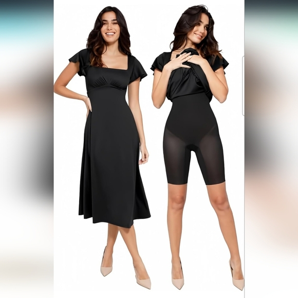 Popilush Black Square Neck Flutter Sleeve Shapewear Tummy Control Midi Dress L - Picture 1 of 9